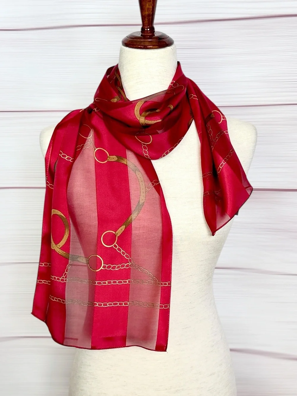 ECHO Silk Scarf Red Burgundy Equestrian Belt Chain Print Chiffon Satin